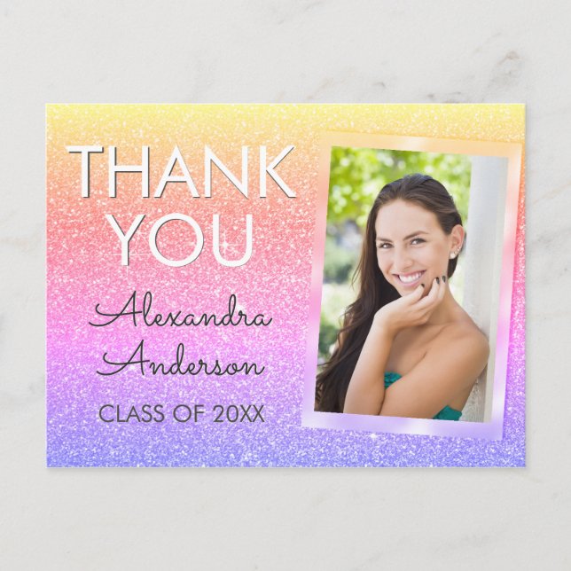 Purple Pink Glitter Graduation Thank You Postcard (Front)