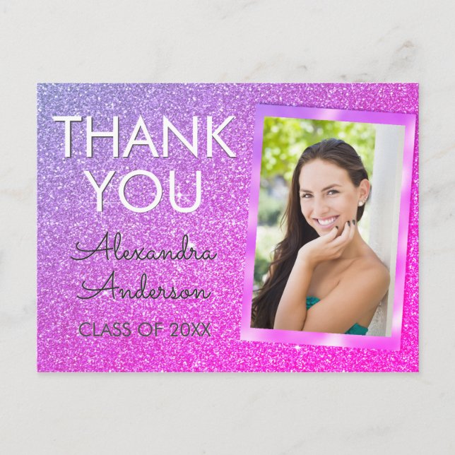 Purple Pink Glitter Graduation Thank You Postcard (Front)