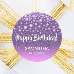 Purple pink glitter Happy Birthday Classic Round Sticker<br><div class="desc">Purple and pink gradient coloured faux glitter with faux diamond sprinkle. With the text: Happy Birthday! Templates for a name and a date. Date of birth or the date of the party/anniversary. White letters.</div>