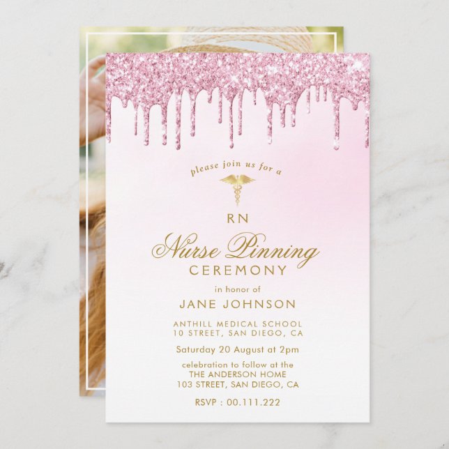 purple pink glitter Nurse pinning ceremony Invitation (Front/Back)