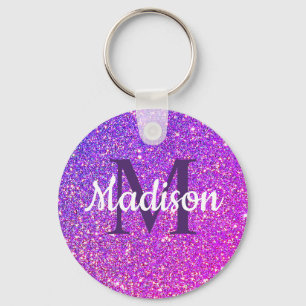 Purple Pink Glitter Ombre Chic Monogram Name Key Ring