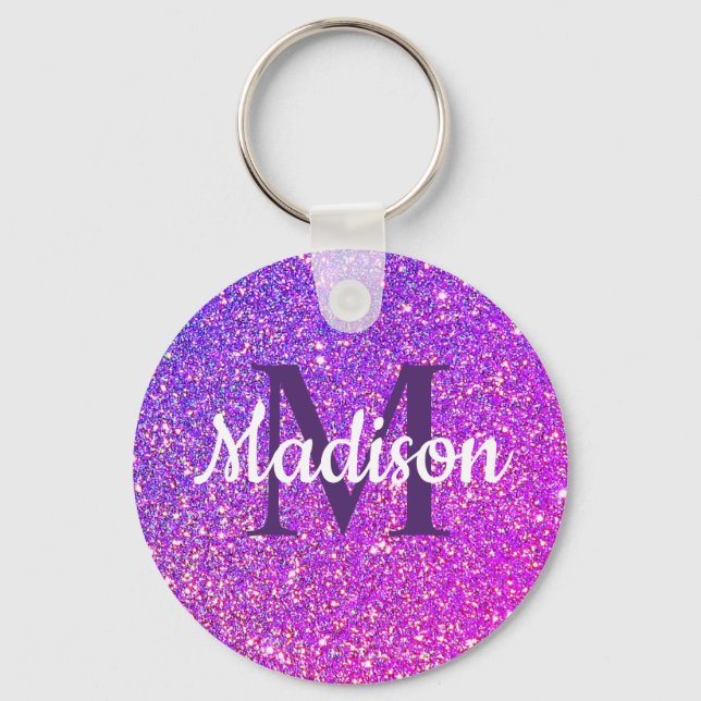 Purple Pink Glitter Ombre Chic Monogram Name Key Ring (Front)