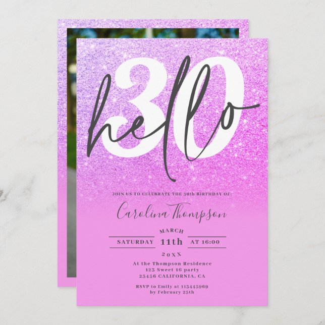 Purple pink glitter ombre gradient photo hello 30 invitation (Front/Back)