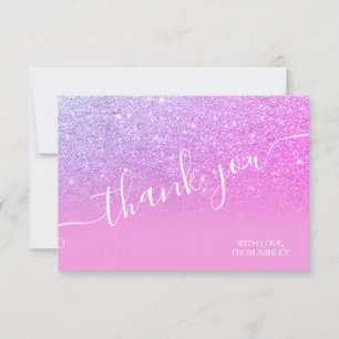 Purple pink glitter ombre sparkle script thank you card