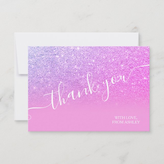 Purple pink glitter ombre sparkle script thank you card (Front)