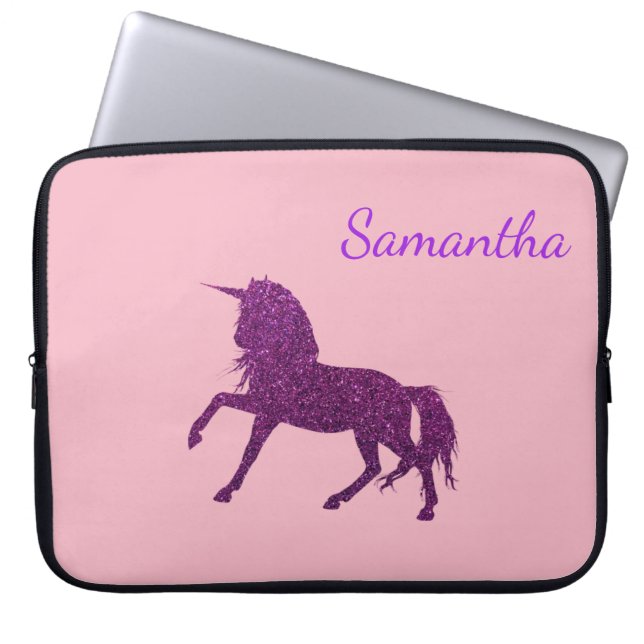 Purple Pink Glitter Sparkle Unicorn Girl's Laptop Sleeve (Front)