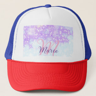 Purple pink glitter star monogram add letter text trucker hat