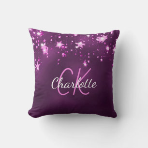 Purple pink glitter stars custom monogram name cushion