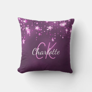 Purple pink glitter stars monogram name  cushion