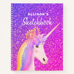 Purple Pink Glitter Unicorn Sketchbook With Name Notebook