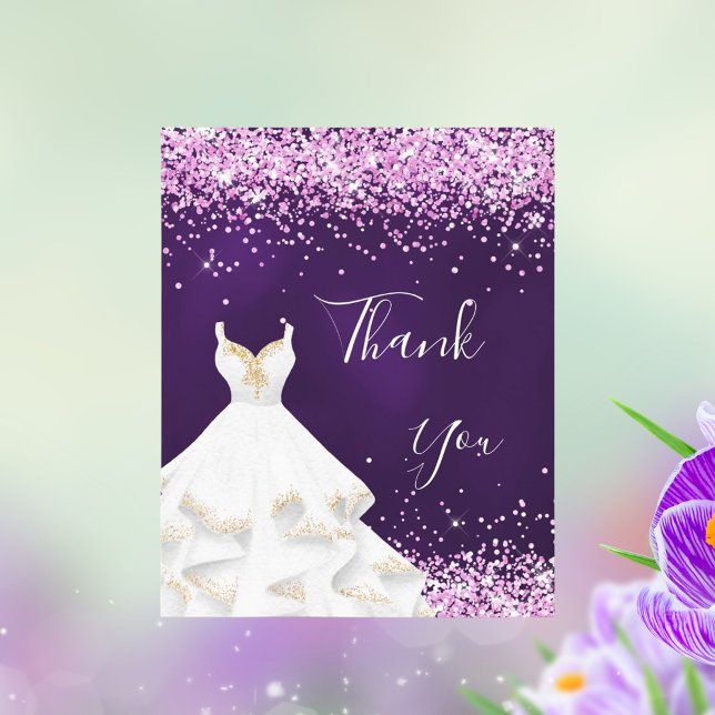 Purple pink glitter white dress thank you card (Creator Uploaded)