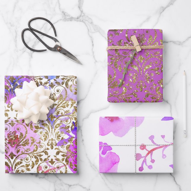 Purple Pink gold damask lace floral Wrapping Paper Sheet (Front)