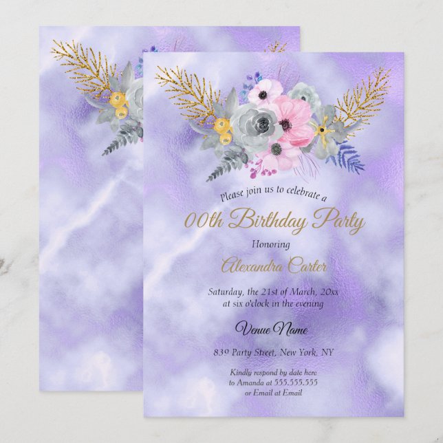 Purple Pink Gold Floral Bouquet Birthday Party Invitation (Front/Back)
