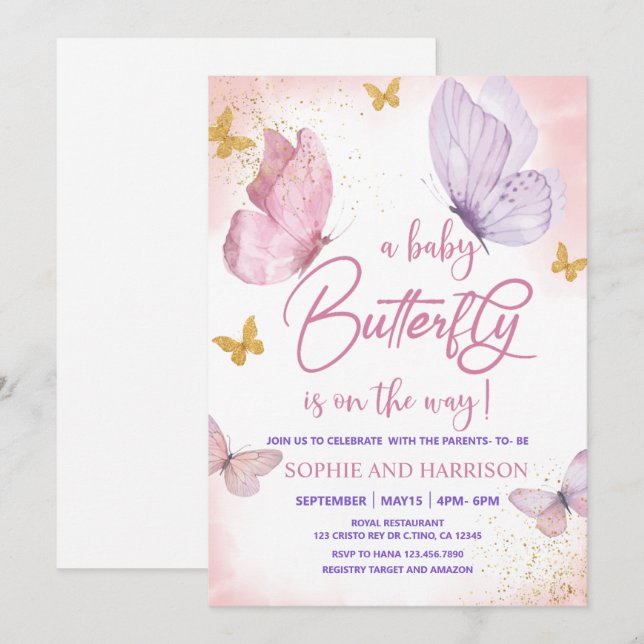 Purple Pink Gold Glitter Butterfly Baby Shower Invitation (Front/Back)