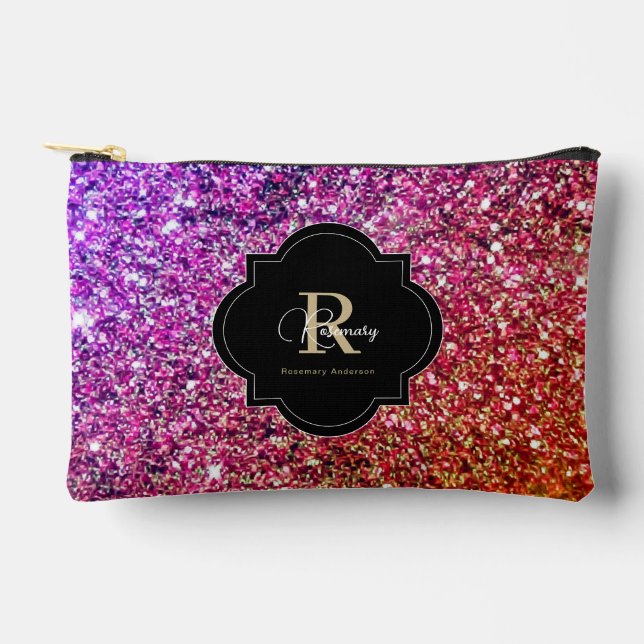 Purple Pink Gold Glittery Sparkle Name Monogram  Accessory Pouch (Front)