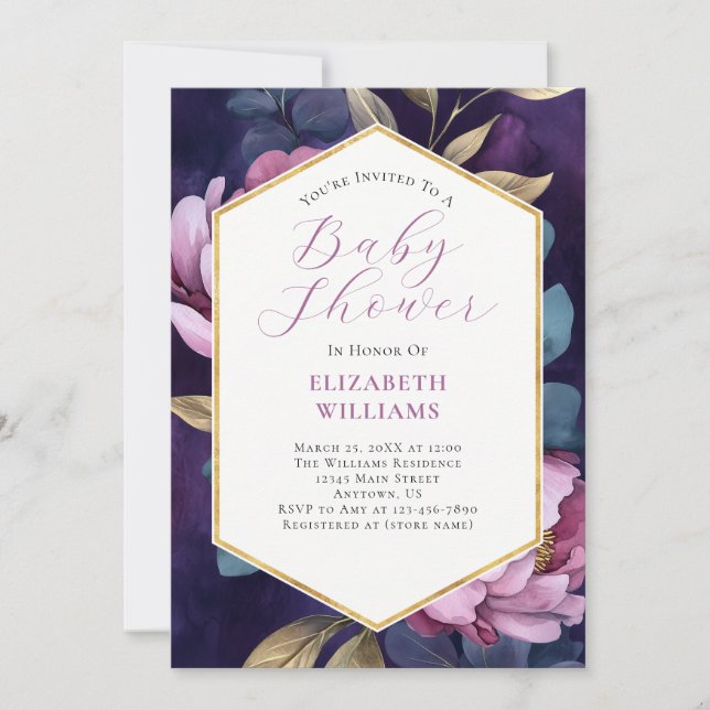 Purple Pink Gold Green Peonies Baby Shower Invitation (Front)