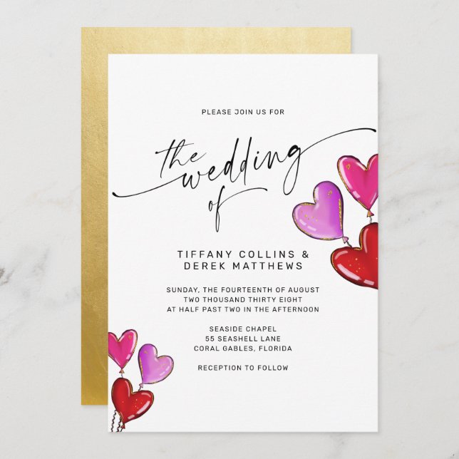 Purple Pink Gold Heart Balloons Wedding Invitation (Front/Back)