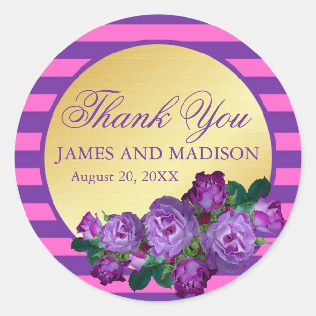 Purple, Pink, Gold Wedding Personalised Thank You Classic Round Sticker (Front)
