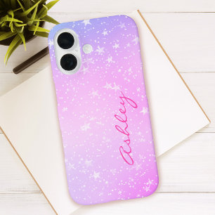 Purple & Pink Gradient, White Stars & Script Name iPhone 16 Case