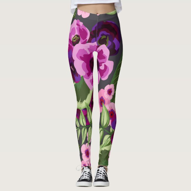Purple, Pink, Green Floral Leggings (Front)
