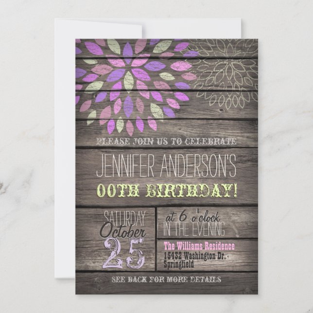 Purple, Pink, Green Flower Rustic Wood Birthday Invitation (Front)