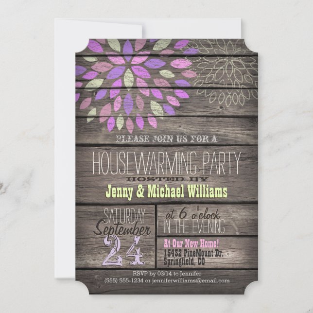 Purple, Pink, Green Rustic Housewarming Party Invitation (Front)