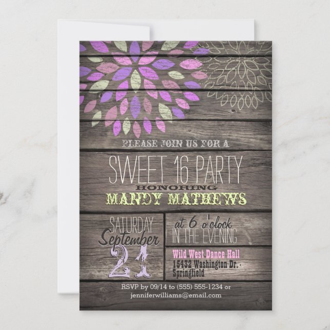 Purple, Pink, Green; Rustic Wood Sweet 16 Party Invitation (Front)