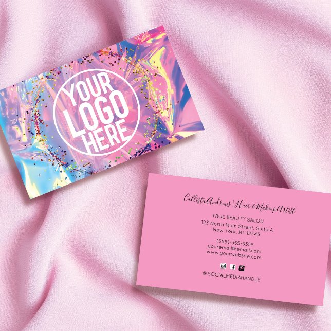 Purple Pink Holograph Glitter Confetti Logo Business Card (Creator Uploaded)