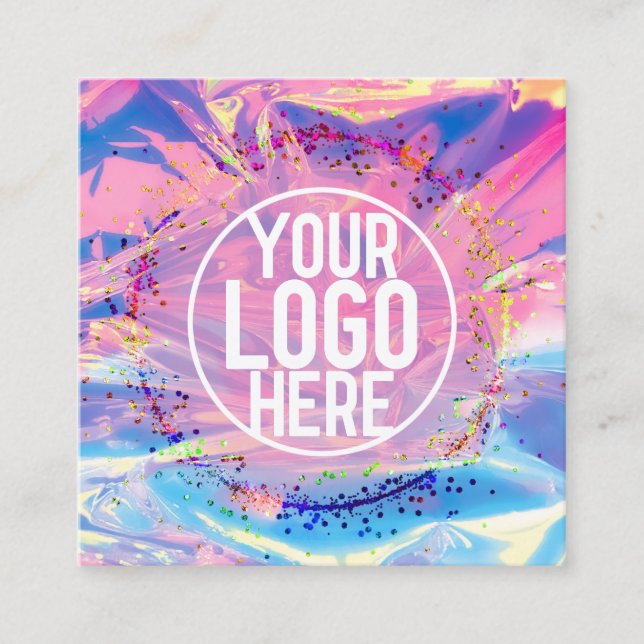 Purple Pink Holograph Glitter Confetti Logo Square Business Card (Front)