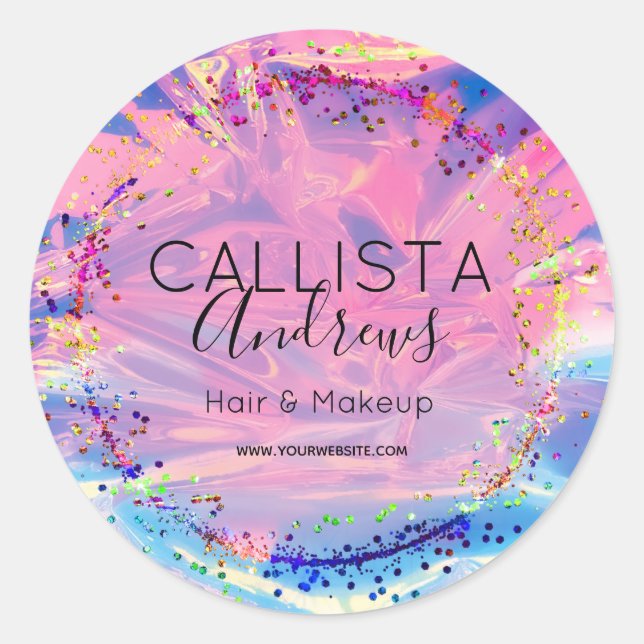 Purple Pink Holograph Glitter Confetti Salon Class Classic Round Sticker (Front)