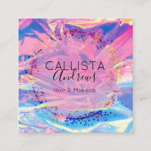 Purple Pink Holograph Glitter Confetti Salon Squar Square Business Card