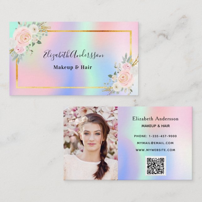 Purple pink holographic floral photo qr code  business card (Front/Back)