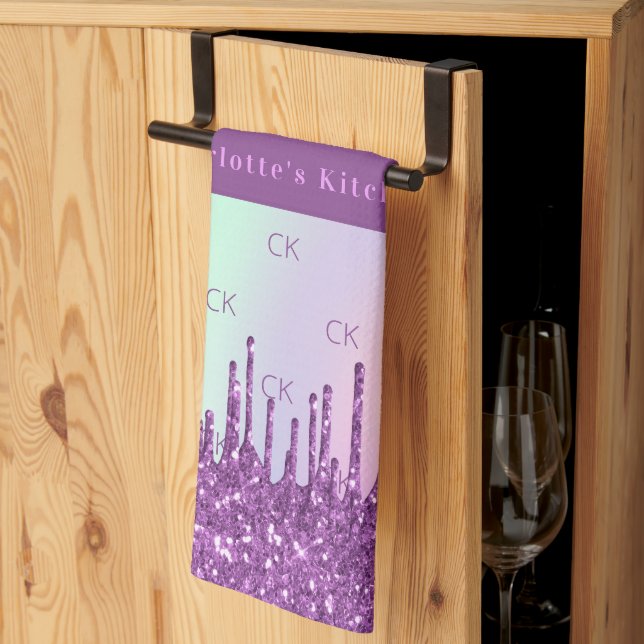 Purple pink holographic monogram tea towel (Thirds Fold)