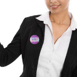 Purple pink holographic name tag 3 cm round badge<br><div class="desc">A rainbow,  unicorn colored holographic background. Decorated with pink and purple drips,  paint dripping look.  Personalize and add a name,  written with a girly modern hand lettered style script.   Purple colored letters.</div>