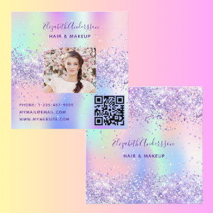 Purple pink holographic photo qr code square business card