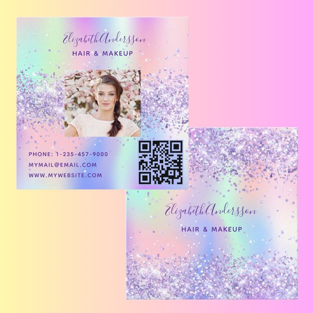 Purple pink holographic photo qr code square business card (Creator Uploaded)