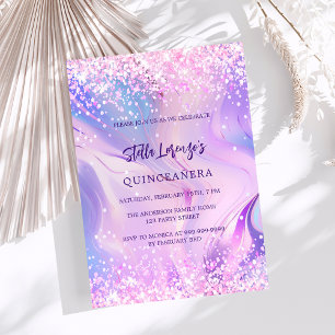 Purple pink holographic Quinceanera luxury Invitation