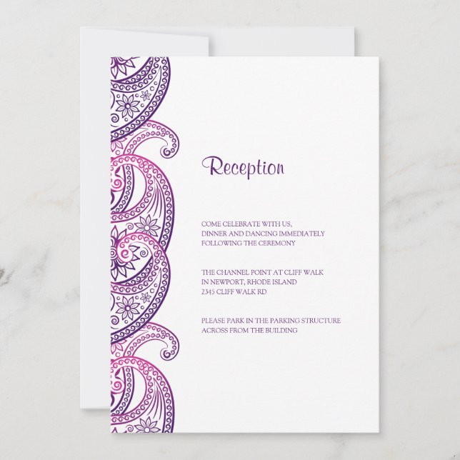 Purple & Pink Indian Paisley Wedding Reception Invitation (Front)