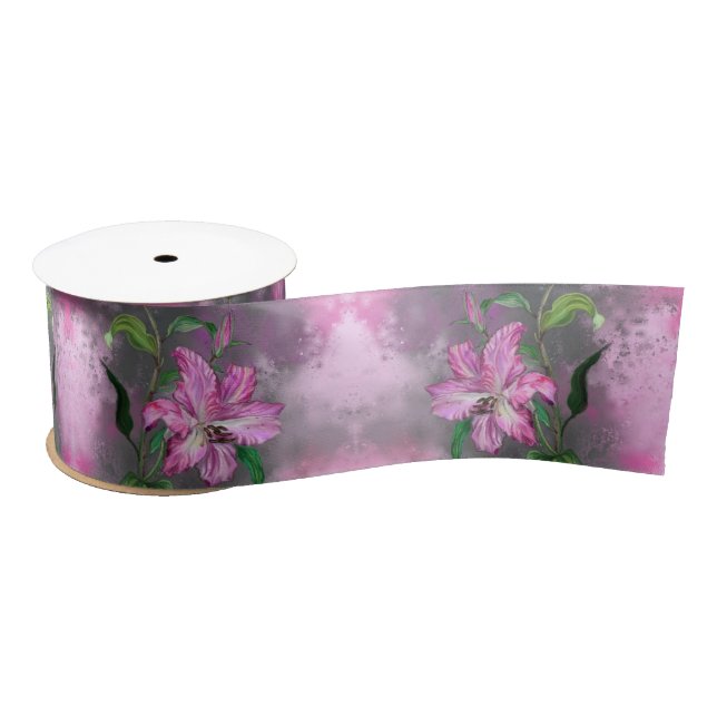 Purple Pink Lily Flowers Ribbon Satin Ribbon (Spool)