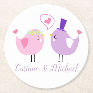 Purple & Pink Lovebirds Wedding Bridal Shower Round Paper Coaster