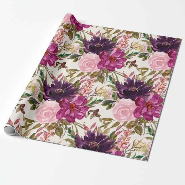 Purple Pink Magenta Watercolor Floral Botanical Wrapping Paper (Unrolled)