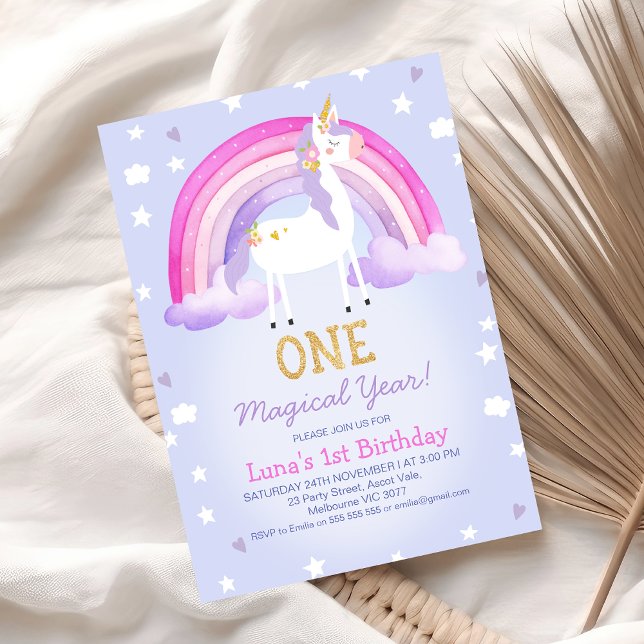 Purple Pink Magical Year Unicorn 1st Birthday Invitation (Purple One Magical Year Unicorn 1st Birthday Invitation Template, Unicorn Themed First Birthday)
