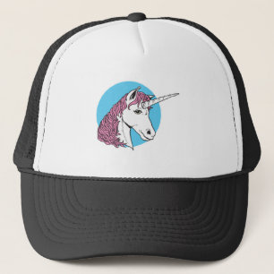 purple/pink mane unicorn head trucker hat