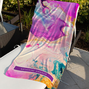 Purple Pink Marble Fluid Art Monogram Beach Towel