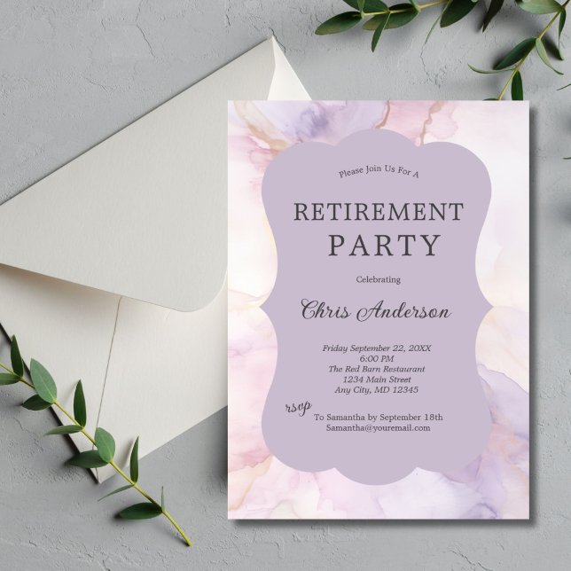 Purple Pink Marble Watercolor Retirement Party Invitation (Purple pink gold watercolor marble retirement party invitation. Elegant Simple soft pastels. Printed)