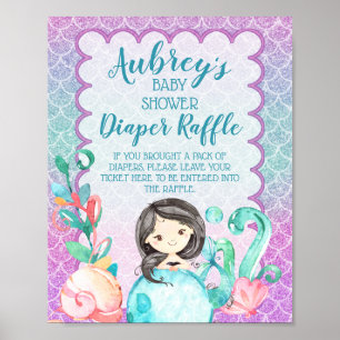Purple Pink Mermaid Girl Baby Shower Diaper Raffle Poster