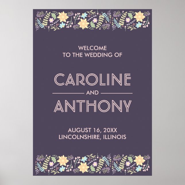 Purple Pink Modern Floral Wedding Welcome Sign (Front)