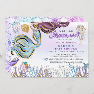 Purple Pink Modern Glitter Mermaid Baby Shower Invitation