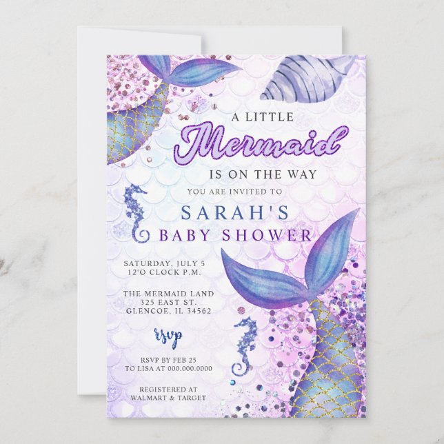 Purple Pink Modern Glitter Mermaid Baby Shower Invitation (Front)