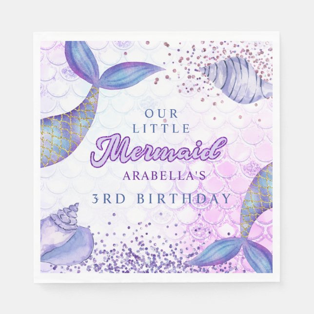 Purple Pink Modern Glitter Mermaid Birthday Napkin (Front)